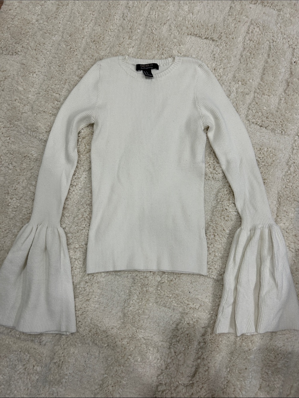Forever 21 White Ribbed Knit Top with Crew Neck